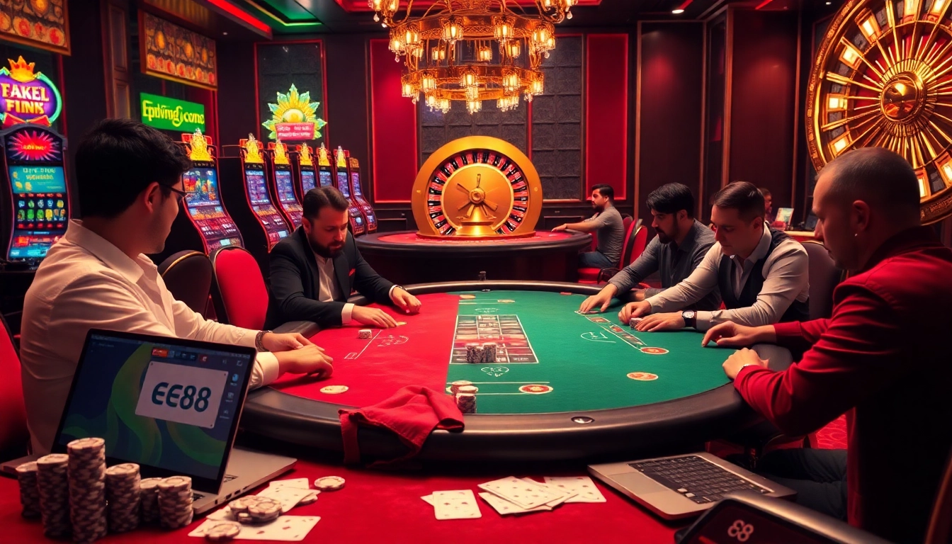 Gamblers enjoying a thrilling poker game with EE88 betting tips in a luxurious casino setting.