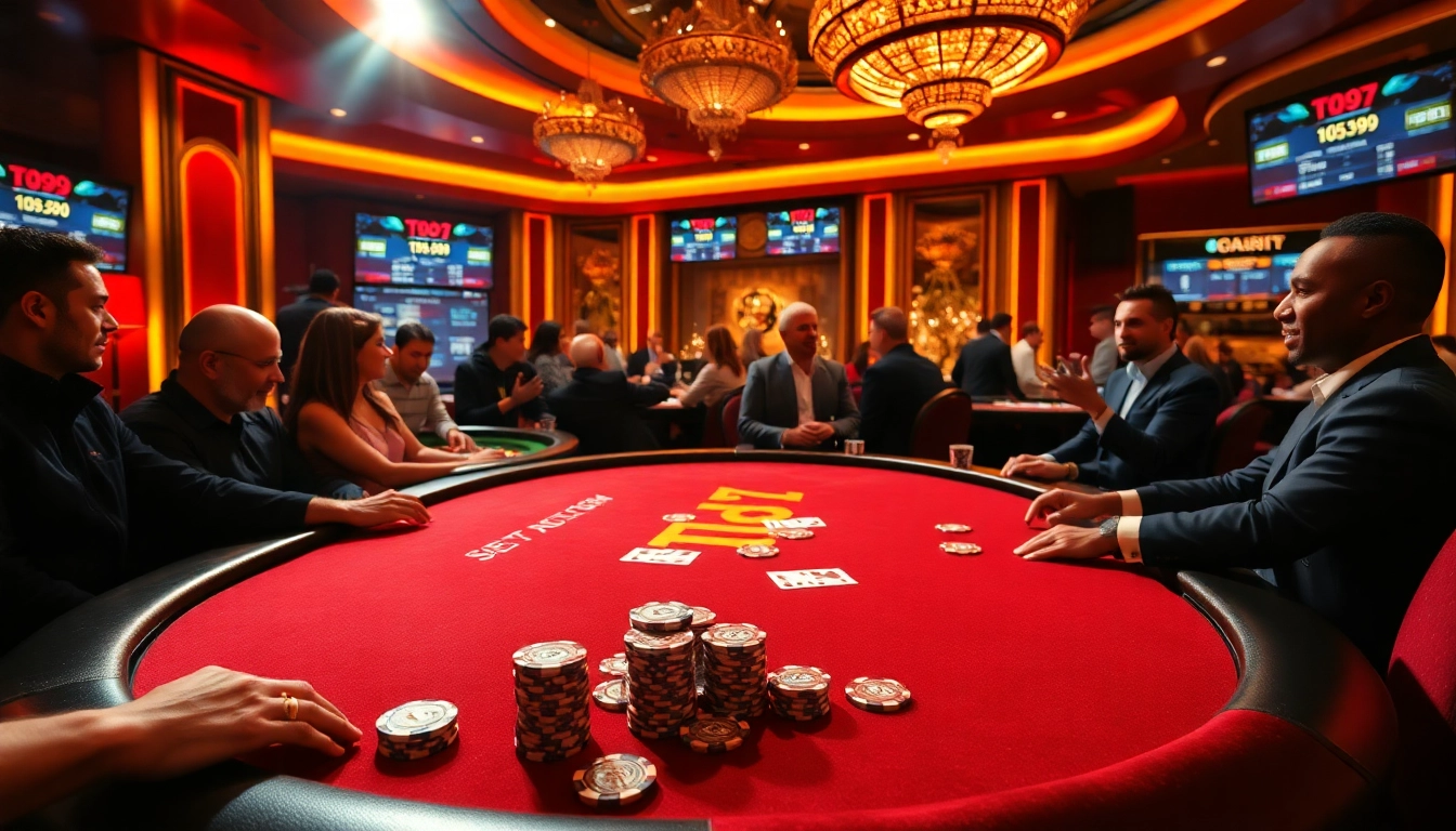 Players enjoying a strategic game at a branded TPJ poker table in a luxurious casino setting.