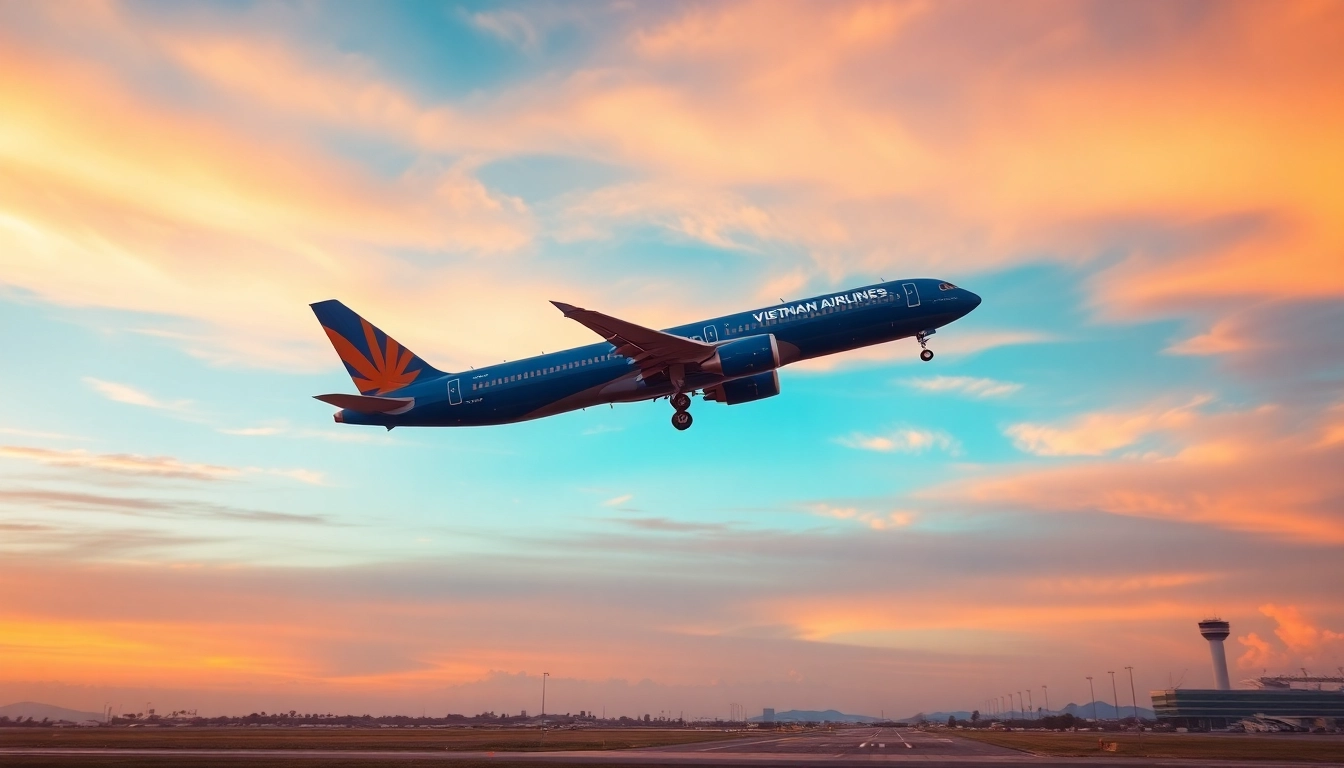 Vietnam Airlines VN168 flight taking off at sunset, showcasing vibrant colors and excitement.
