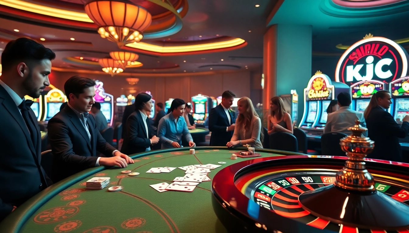 KJC players enjoying a dynamic game at a luxurious casino table with chips and cards.
