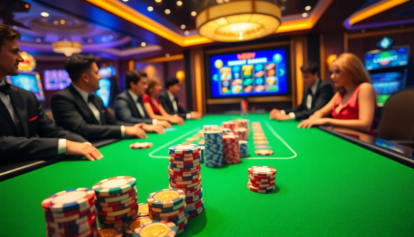 Exciting poker action at a luxurious casino featuring nhất víp elements, chips and high-tech slot machine.