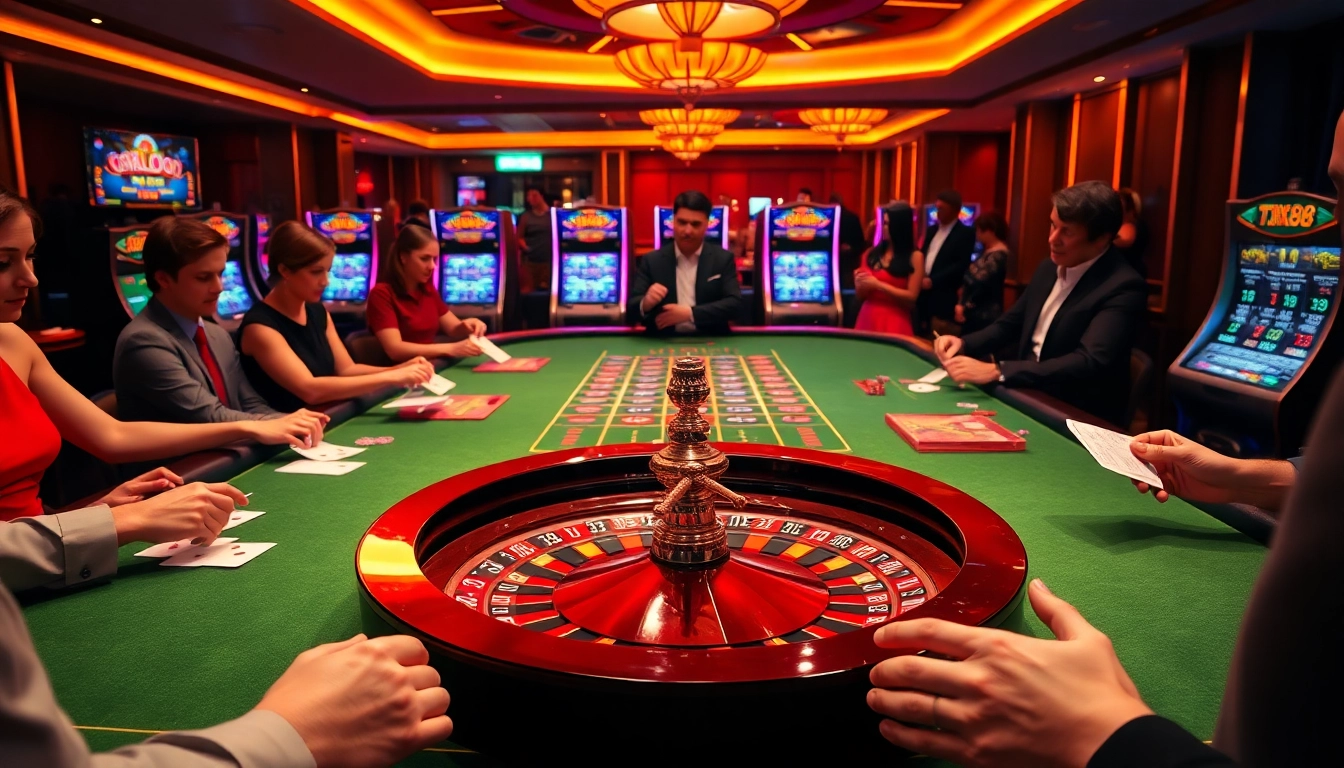 Engaged players at the TX88 roulette table, placing bets in a luxurious casino atmosphere.