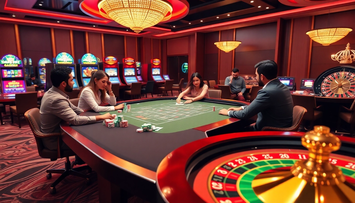 Players enjoying high-stakes gaming experience at ok789 com online casino with vibrant tables and slot machines.