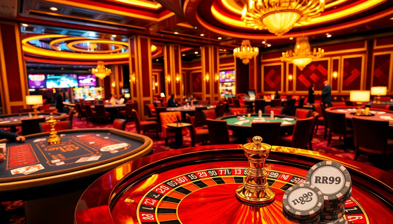 Experience the thrill of gambling at a luxurious casino, with rr99 branded poker chips on the table.