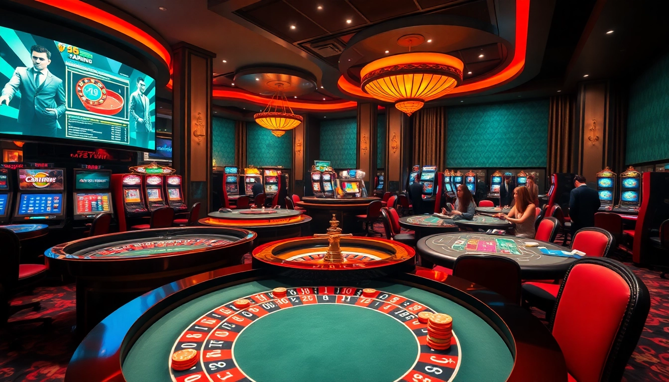 Exciting casino scene featuring roulette and poker games to promote https://56win.sale/ online gambling.