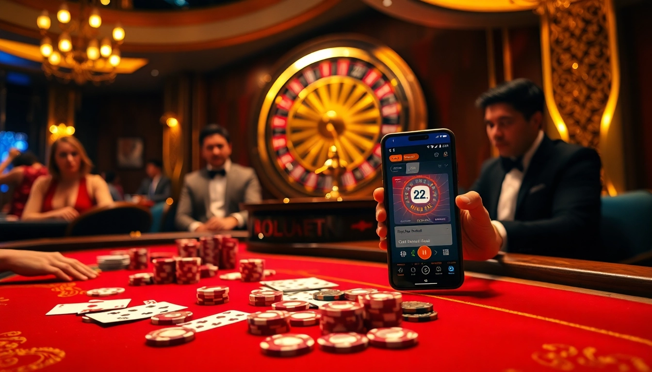 Players strategizing in a thrilling 22JL casino scene with vibrant chips and a roulette wheel.