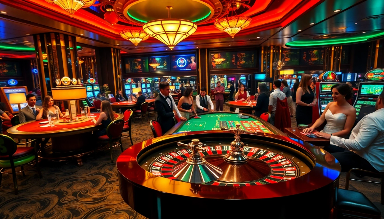 The thrilling atmosphere of a luxurious casino floor at https://s8limited.com/ with players engaged in poker and roulette games.