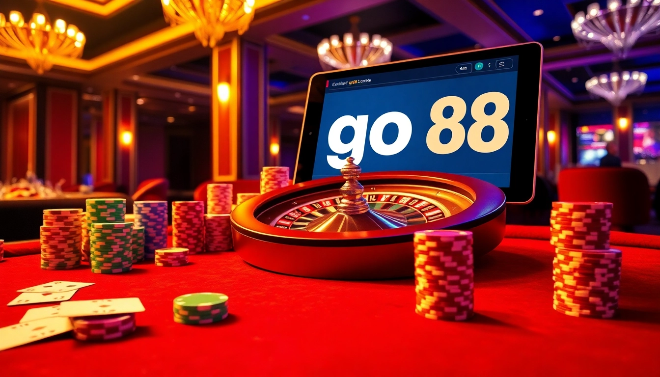 Engage with go 88 gaming excitement at a vibrant casino featuring roulette, chips, and online betting.