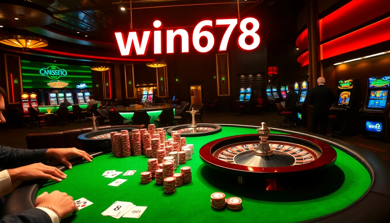 Experience the thrill of winning big at win678 with players enjoying a vibrant casino atmosphere filled with poker and roulette excitement.
