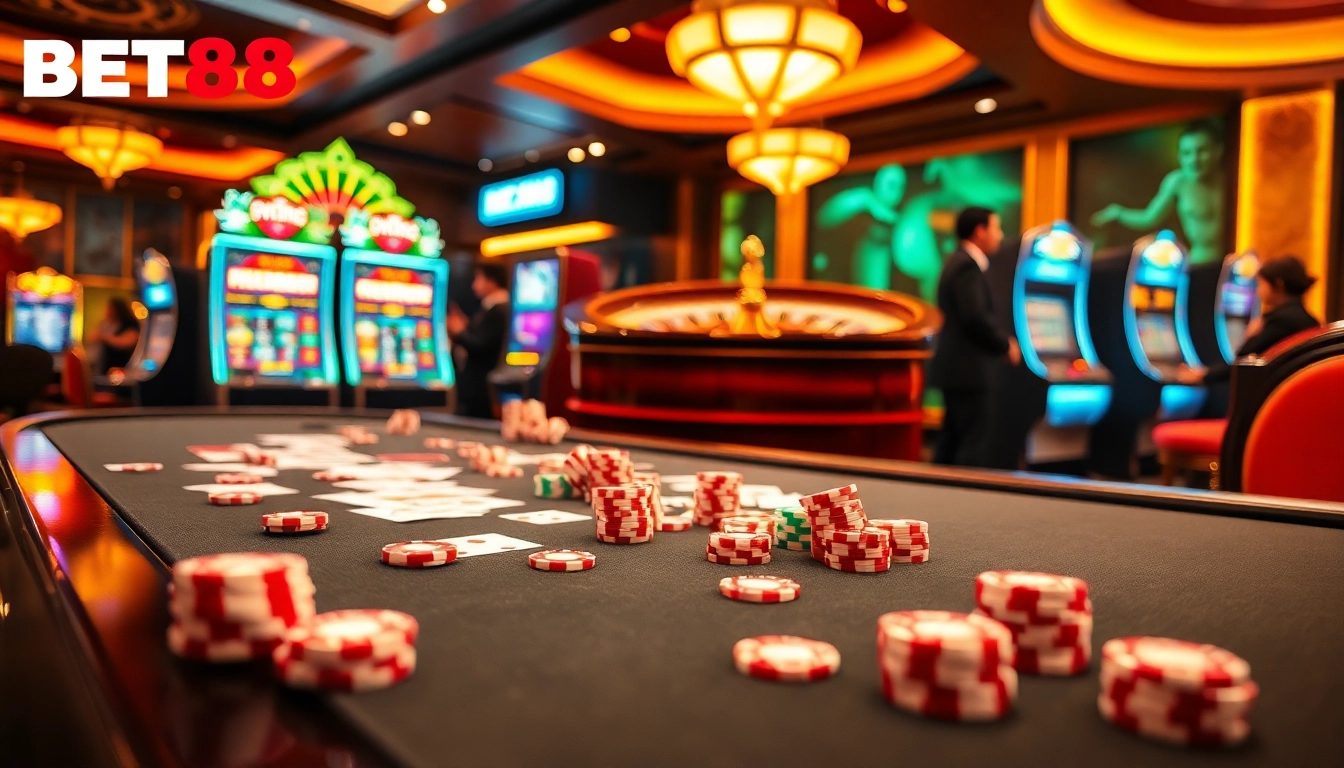 Exciting gaming action at nhà cái BET88 with professional players and vibrant casino decor.