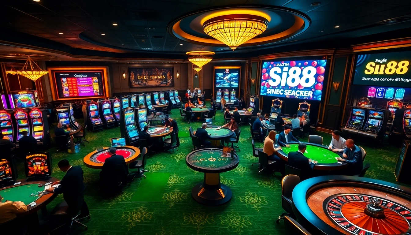 Siu88 casino ambiance featuring luxurious tables and vibrant slot machines.
