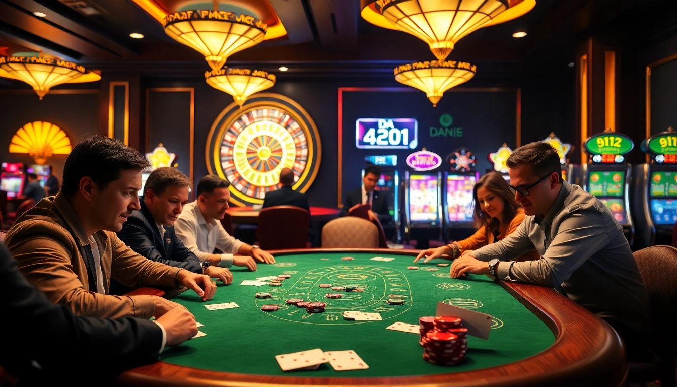 DA BET gamers experiencing intense poker action at a luxurious casino table with vibrant decor.