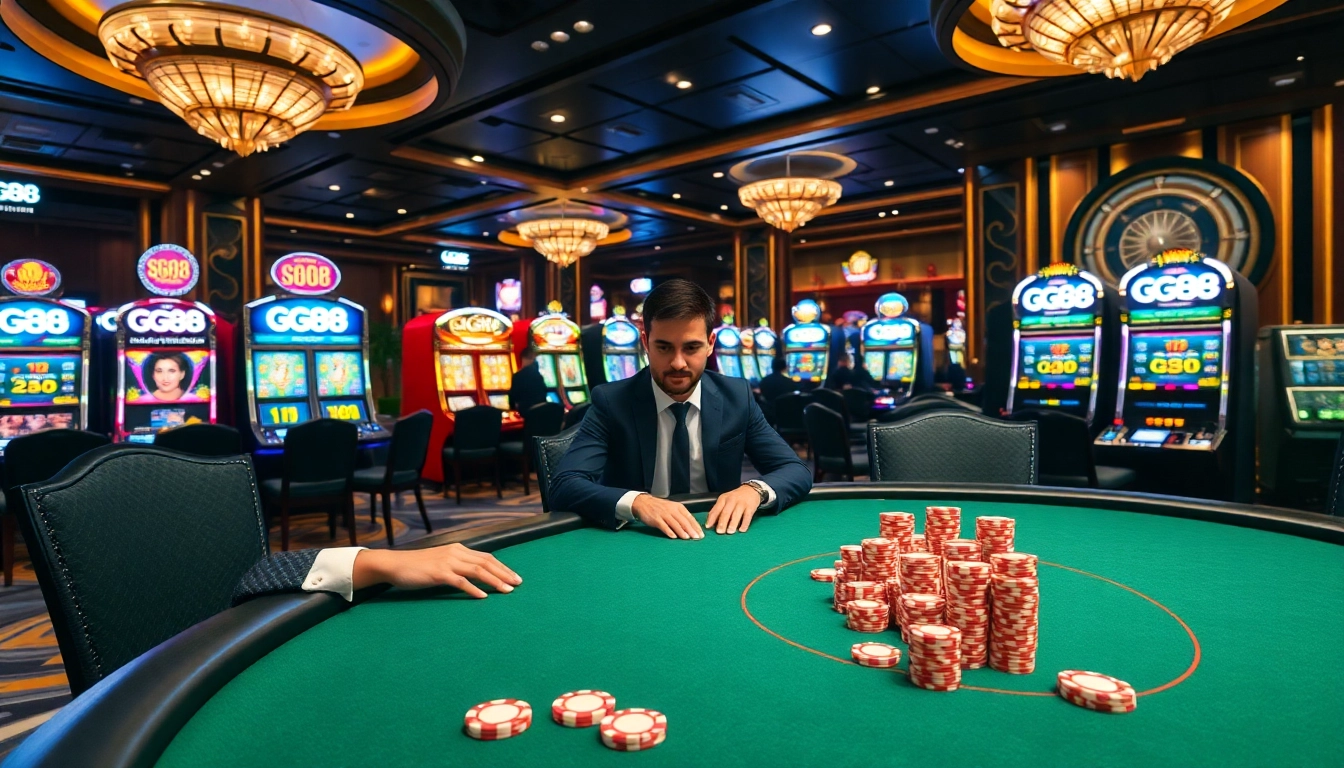 Players at a GG88 casino table engage in an intense poker game, showcasing the excitement of online gambling.