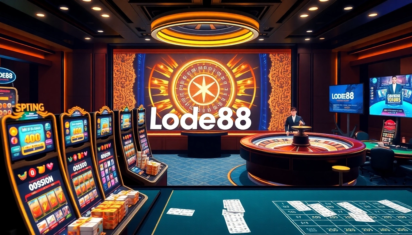 Lively gambling scene illustrating trang chủ lode88 with poker tables, slot machines, and roulette.