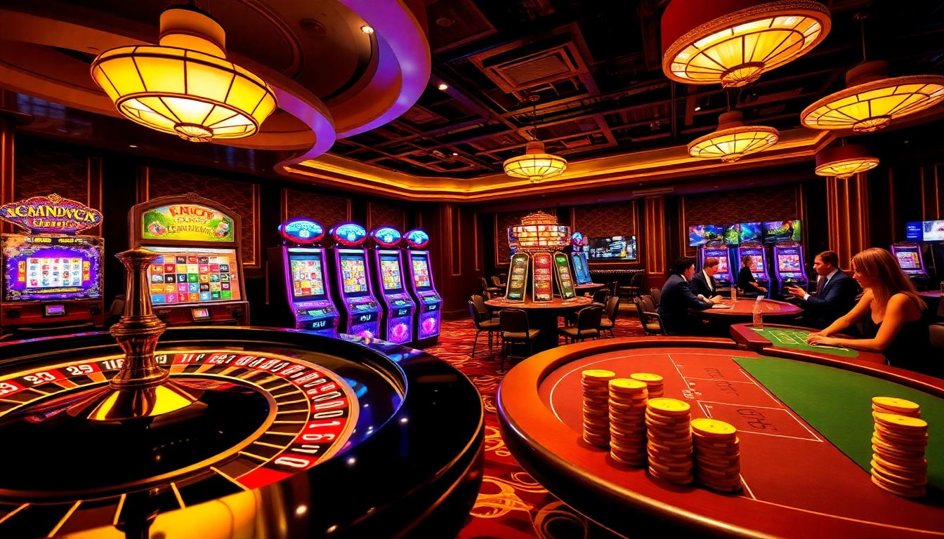 Engaging scene of Luckywin casino featuring roulette wheel and slot machines.