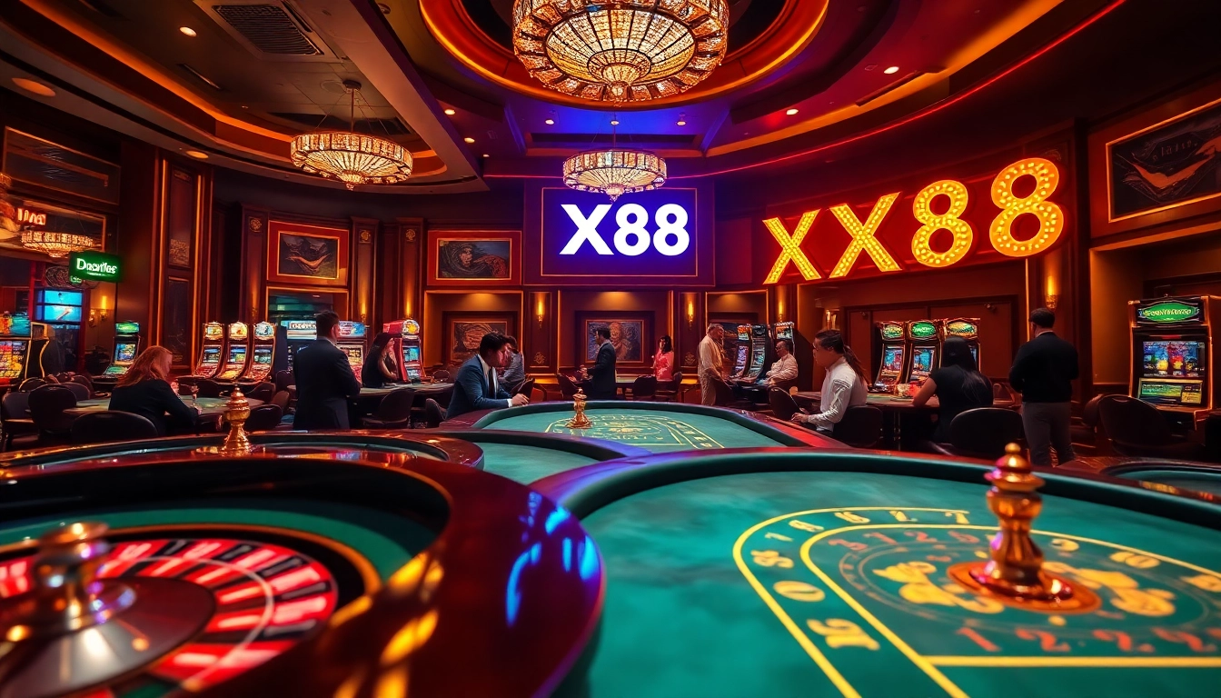 Engaging players at a vibrant casino featuring XX88 in neon lights amidst roulette and poker games.