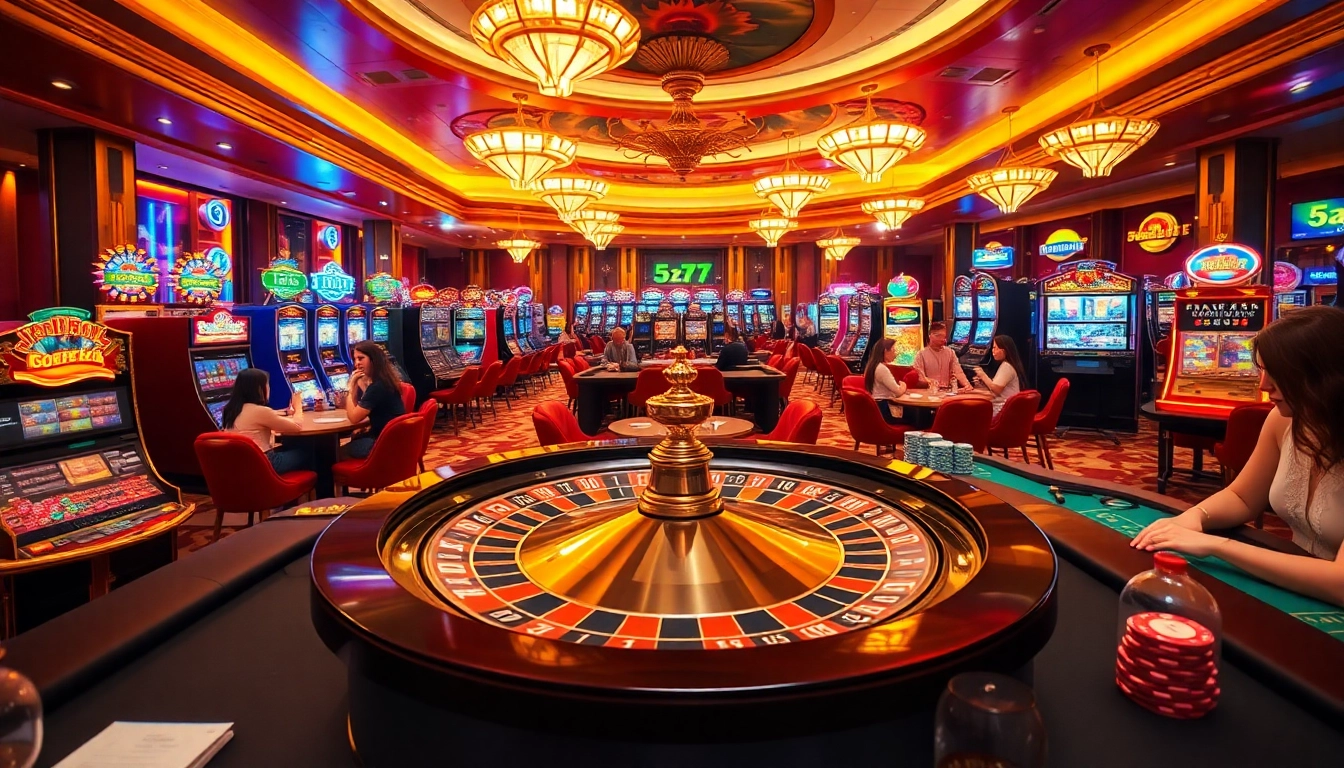 A vibrant casino scene showcasing engaging players at tables, featuring the keyword 5z777 prominently.