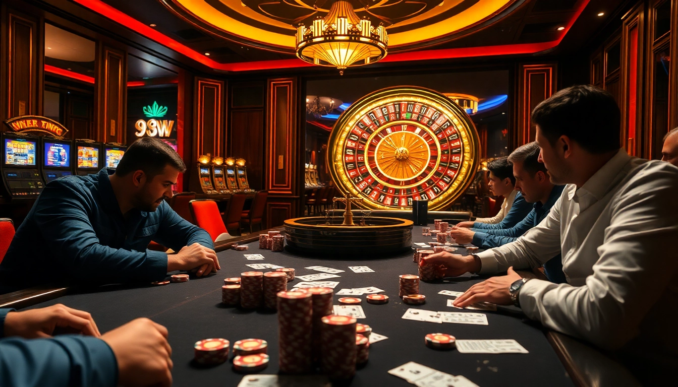 Players celebrate a 98 win at an upscale casino poker table with vibrant chips and cards.