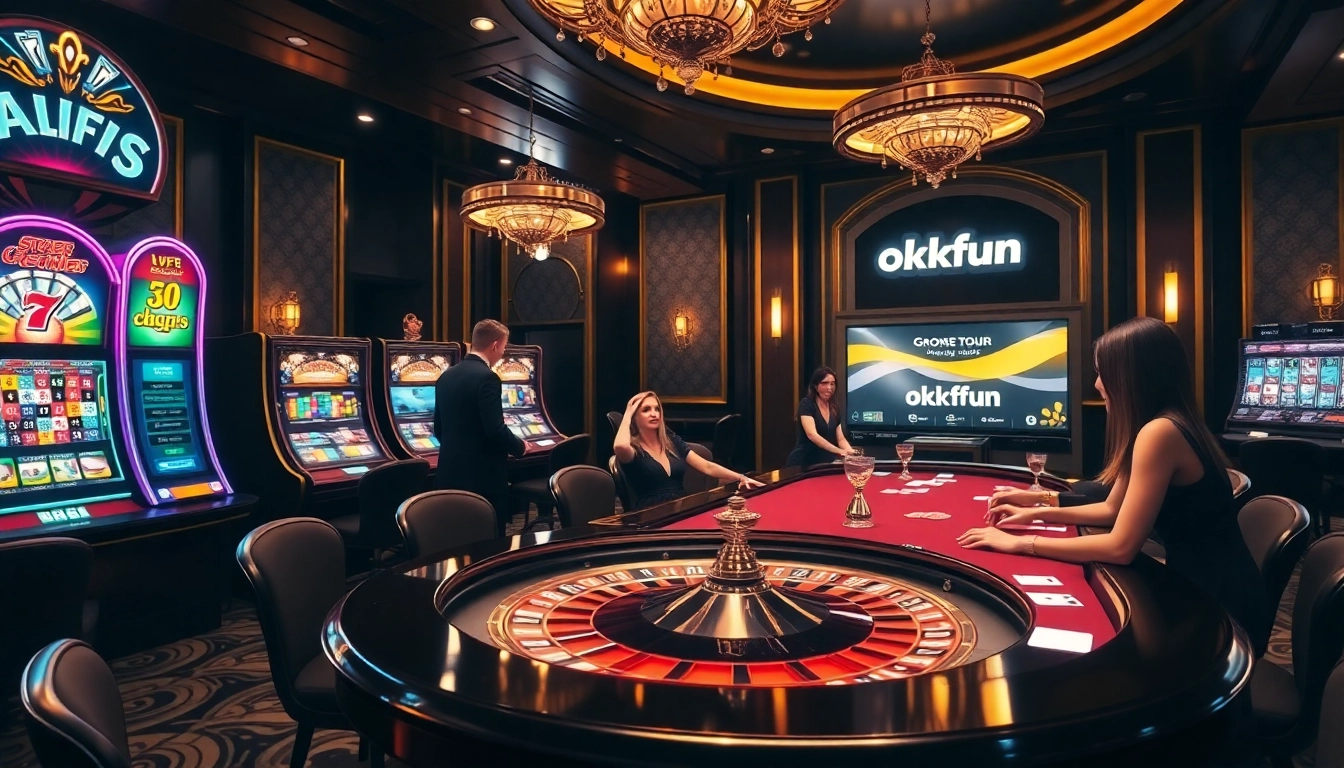 Experience excitement at casino games in an okfun environment with elegant players and vibrant slot machines.