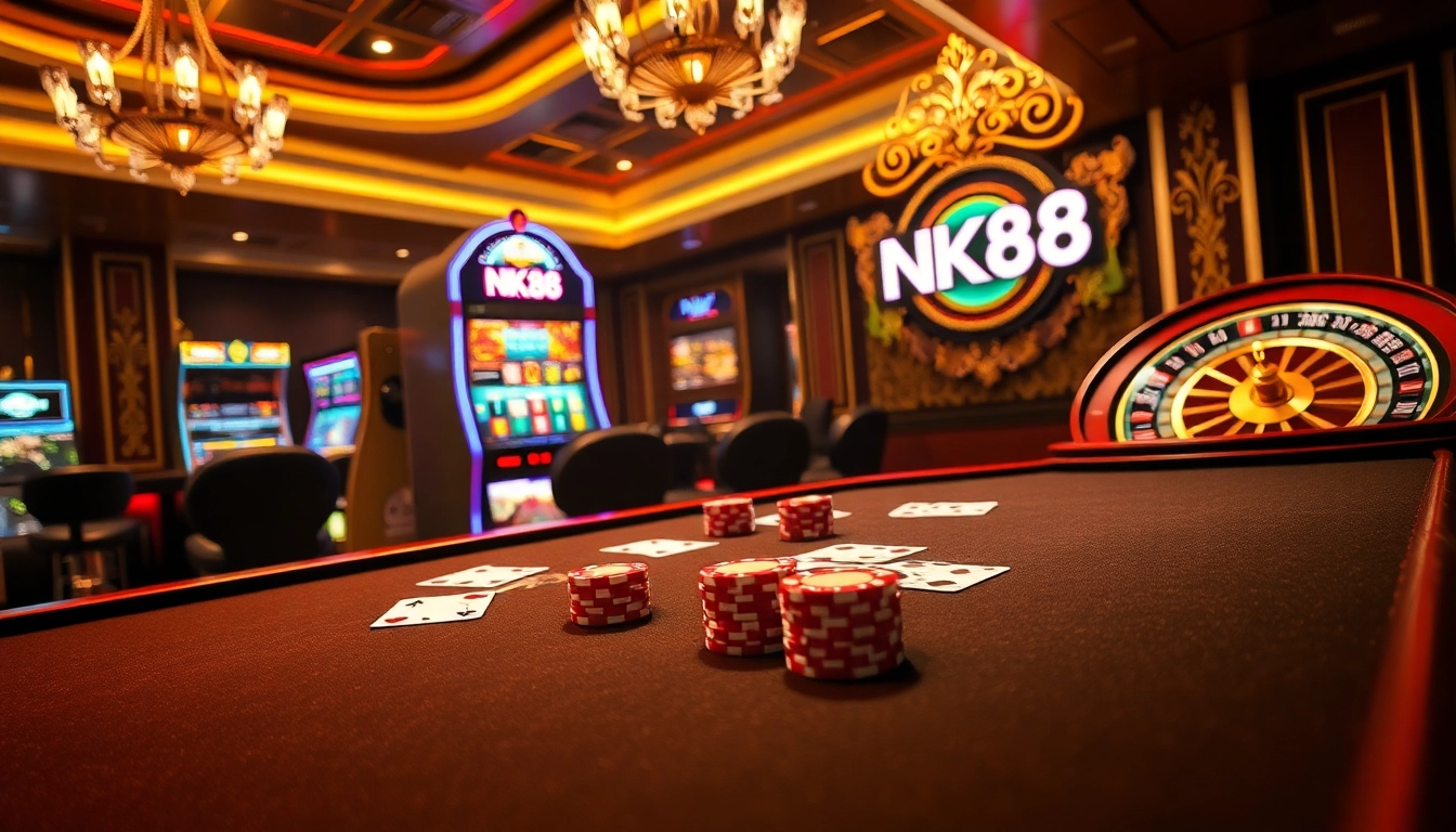 Experience the thrill of casino gaming with a vibrant NK88 gambling scene, featuring roulette, cards, and poker chips.