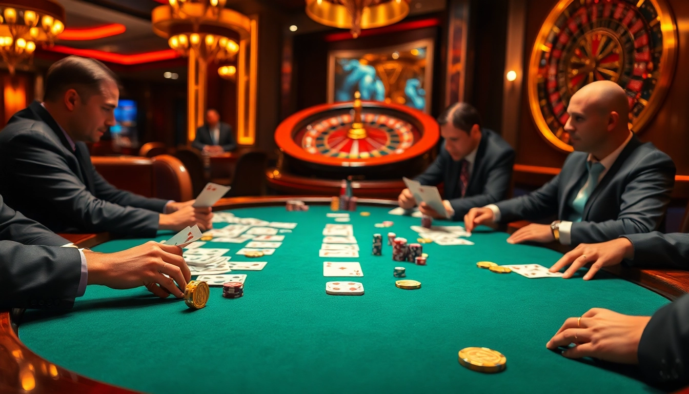 B52-themed poker table in an elegant casino, highlighting intense gameplay and luxury decor.