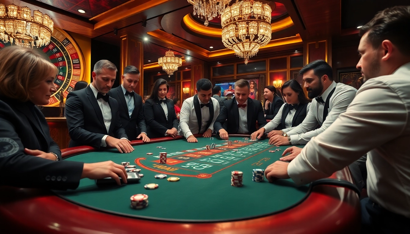 Players engage in an exciting casino game at a luxury hm88 poker table, surrounded by vibrant visuals.