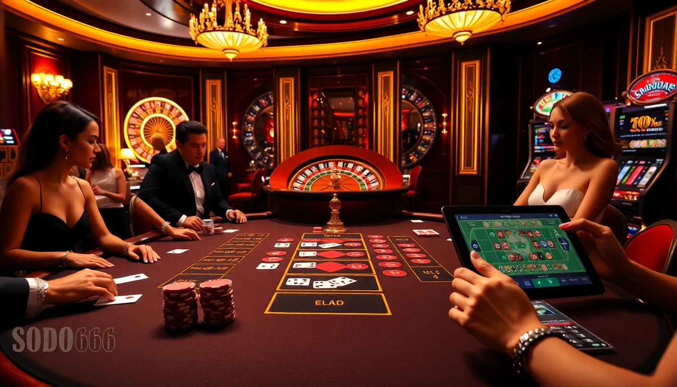 Sodo66 players strategizing around a luxurious baccarat table in an exciting casino setting.