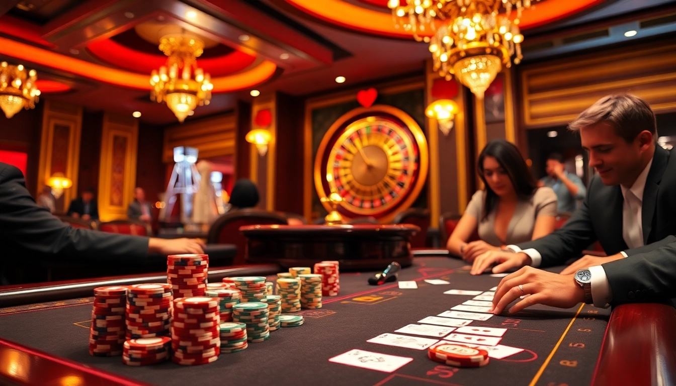 Experience the thrill of gaming at xin88 with vibrant poker chips and a roulette wheel in a luxurious casino setting.