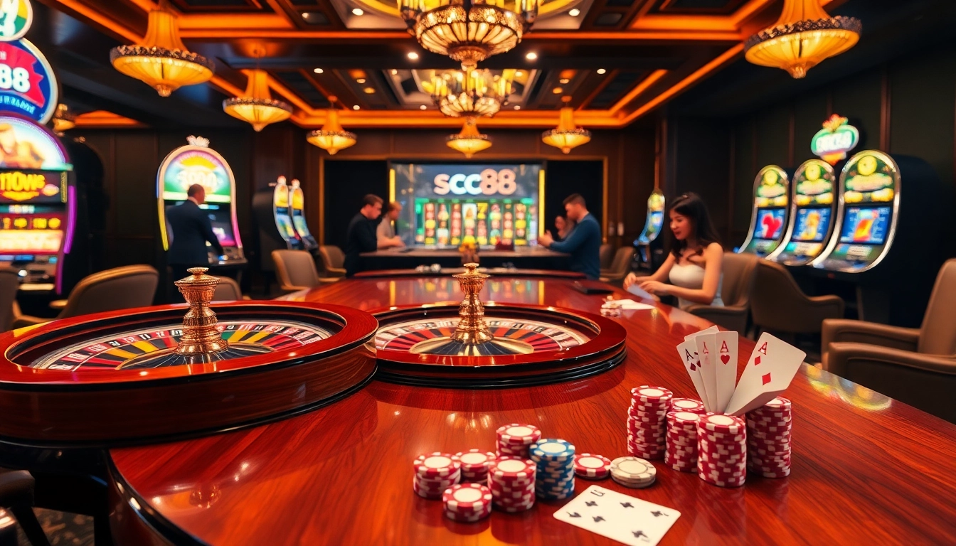 Experience the excitement of sc88 with a vibrant casino scene featuring roulette wheels and poker chips.
