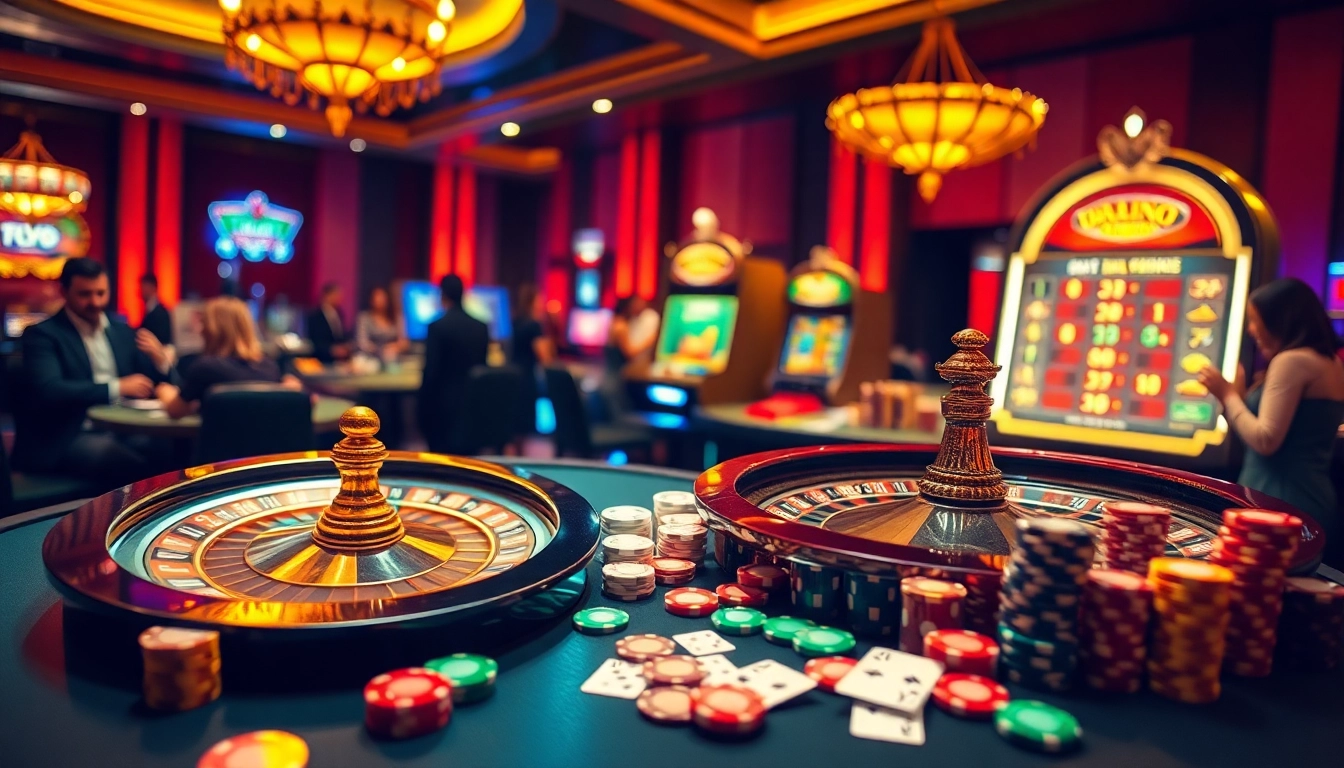 Experience thrilling action at https://pg88sr.com/ with a vibrant casino scene featuring a roulette wheel, poker chips, and excited players.