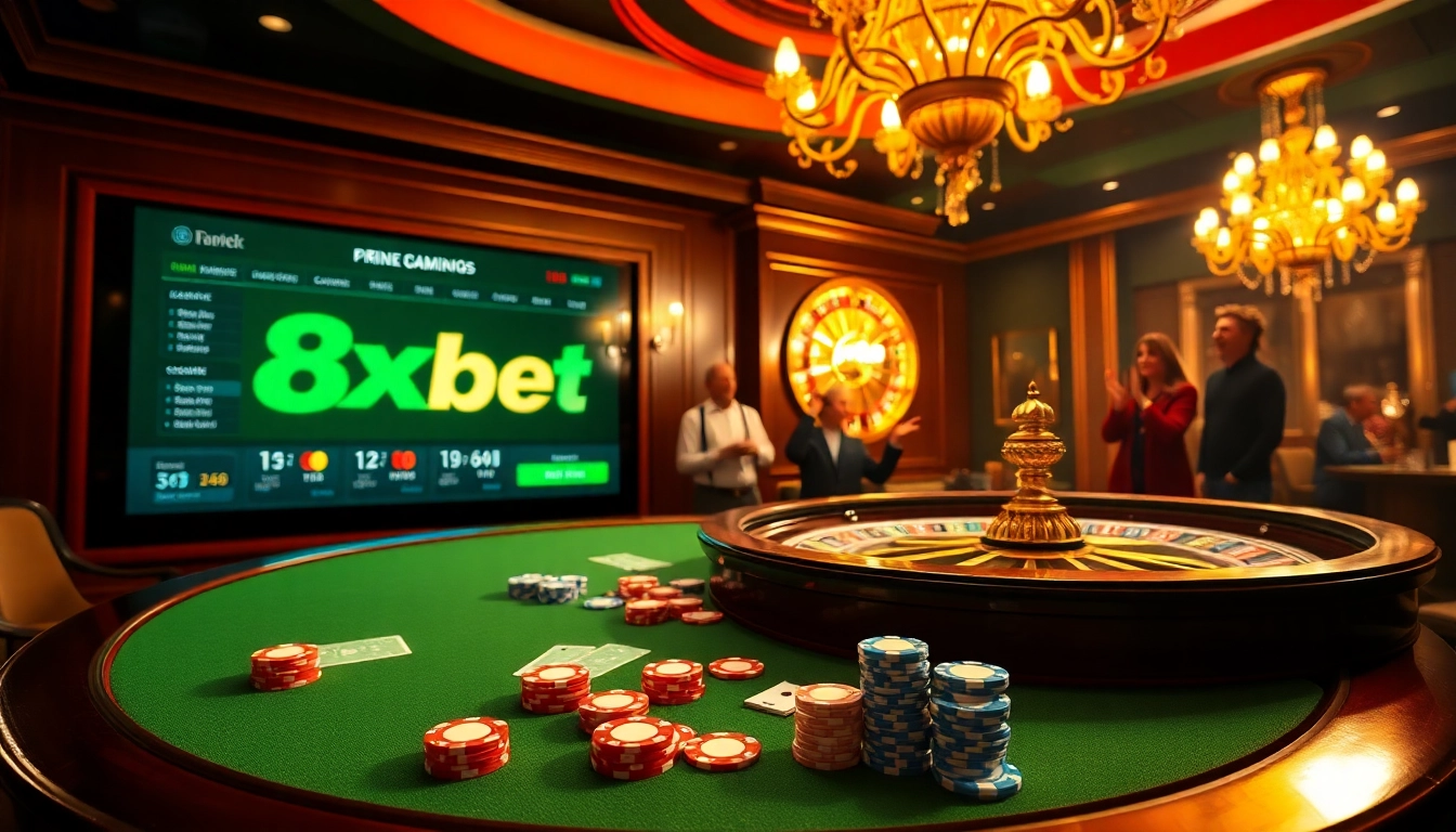 Exciting gambling scene featuring a poker table and roulette wheel, highlighting 8xbet branding.