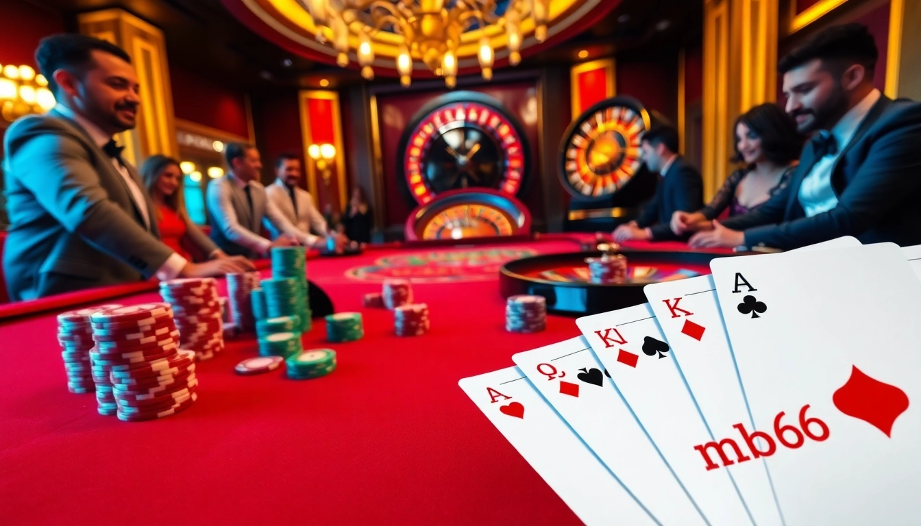 Experience high-stakes poker with mb666 chips and cards at an elegant casino table.