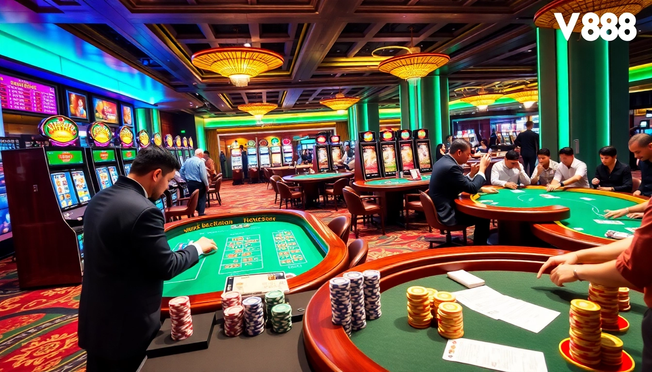 VJ88 players engaging with advanced slot machines and roulette in a luxurious casino setting.