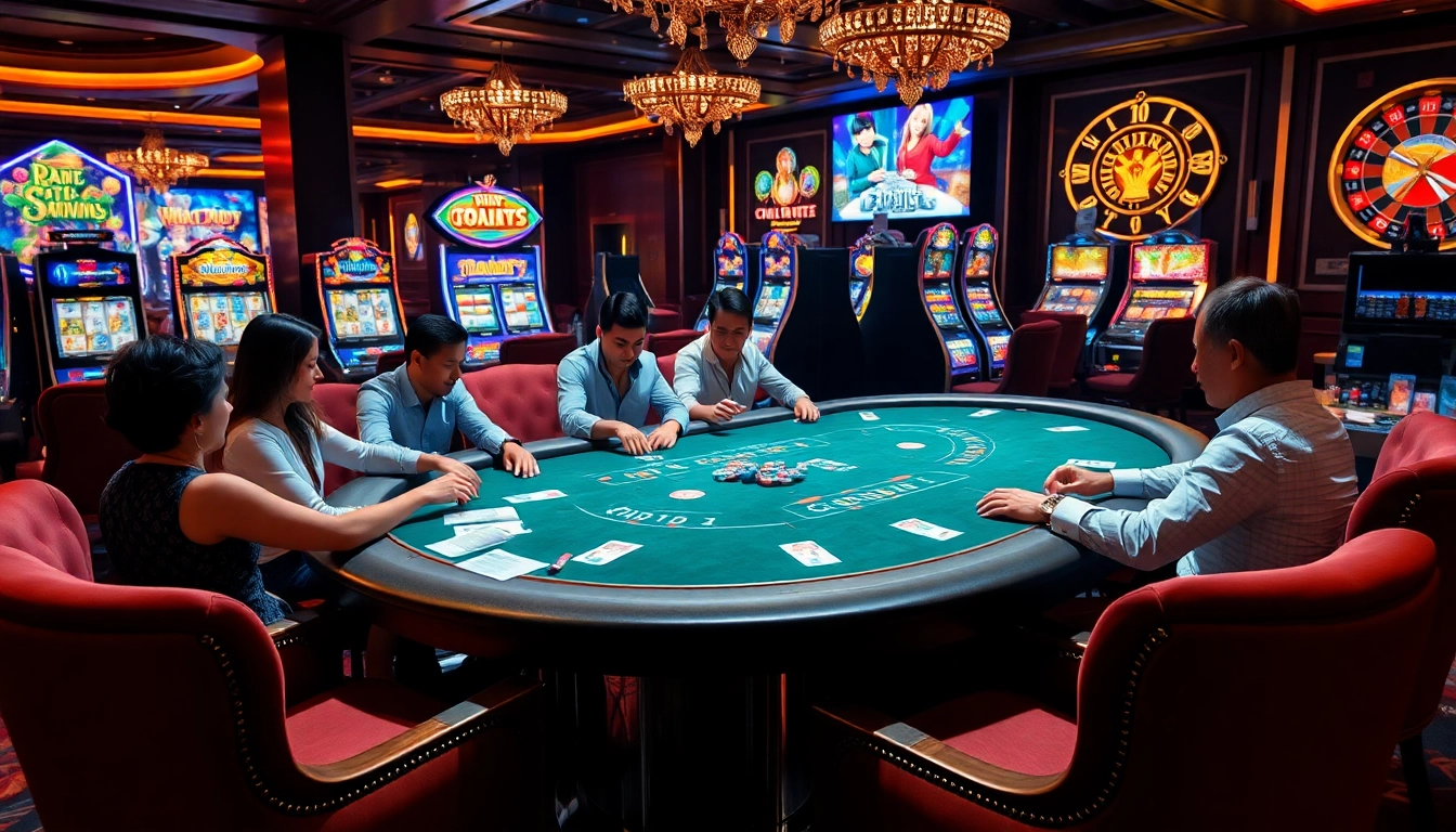 Players enjoy a thrilling poker game at 32win's luxurious casino, showcasing excitement and professionalism.