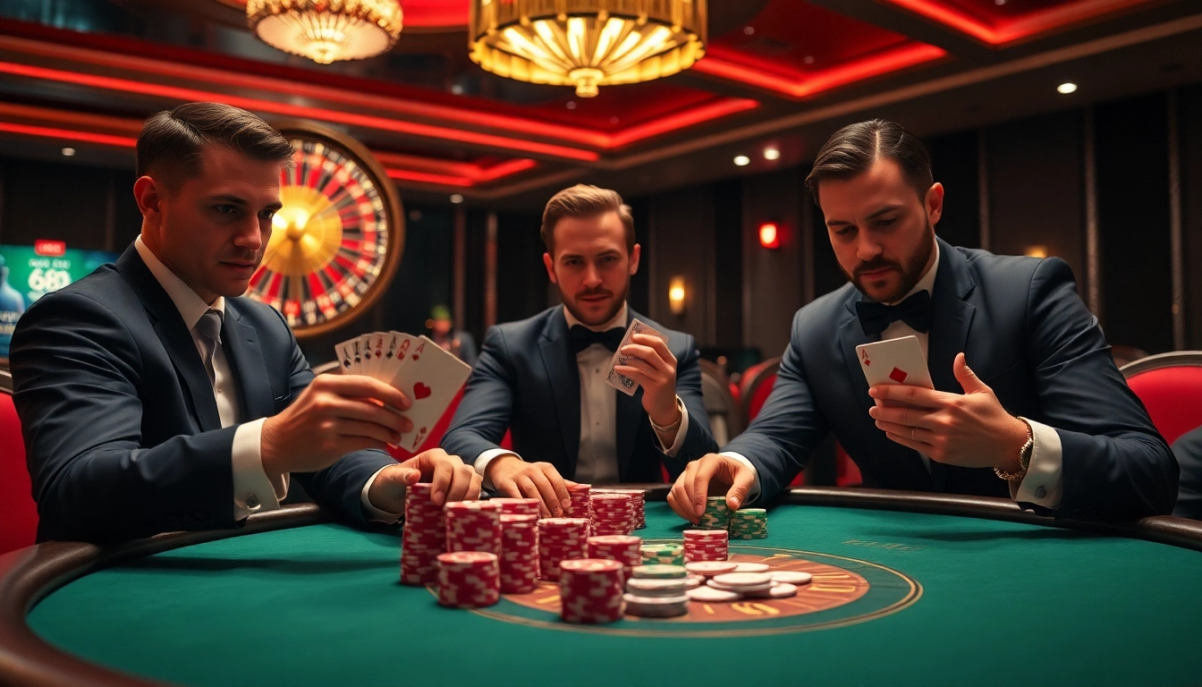 Intense players strategizing in a high-stakes poker game at a luxurious xx88 casino.
