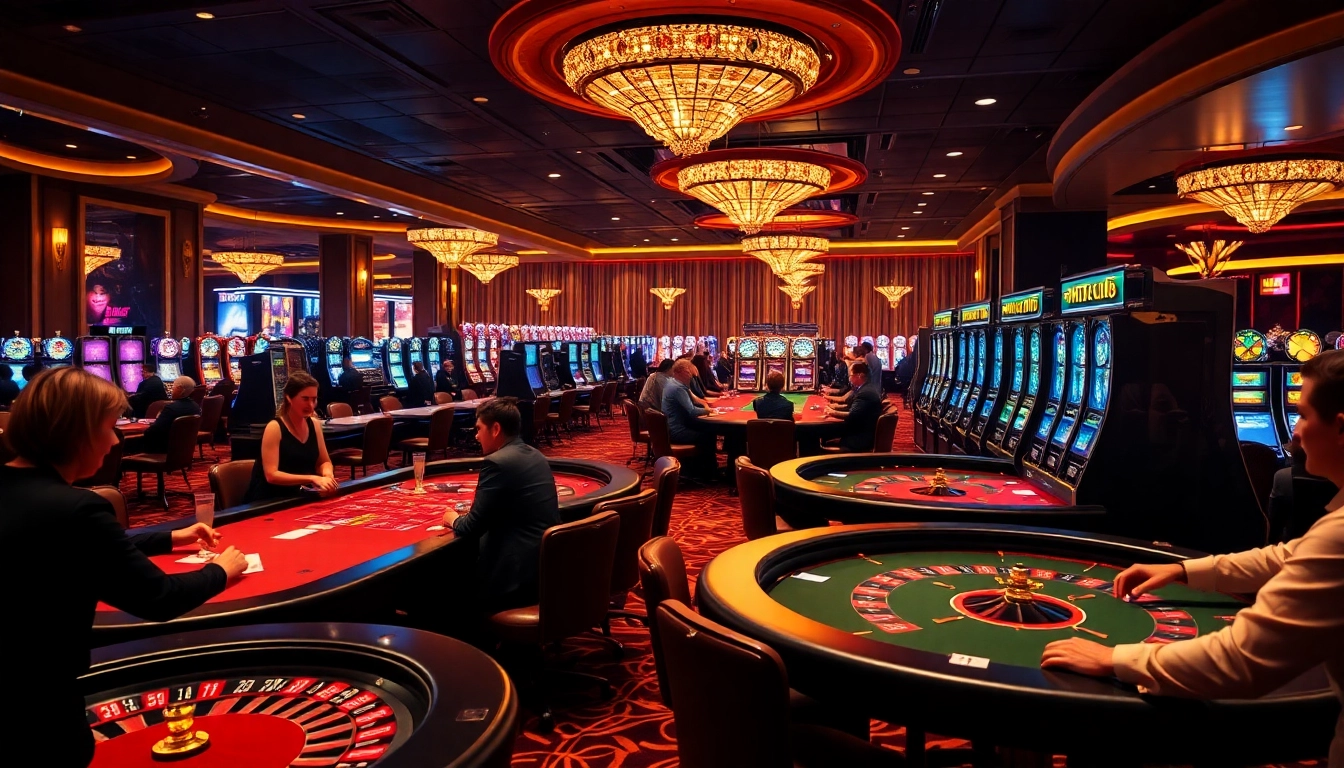 Thrilling gaming atmosphere at HITCLUB casino featuring poker tables and slot machines.