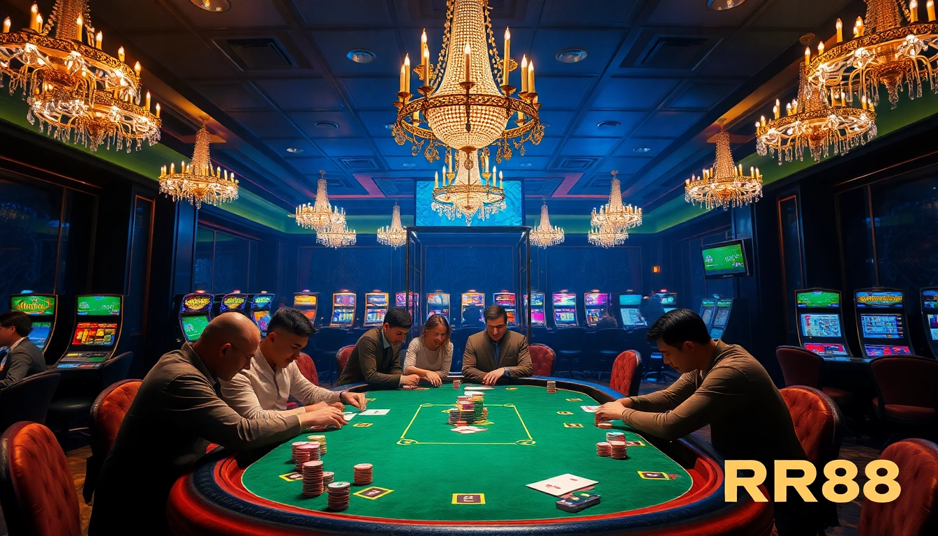 RR88 offers an engaging view of a luxurious casino scene with poker tables and vibrant chips.