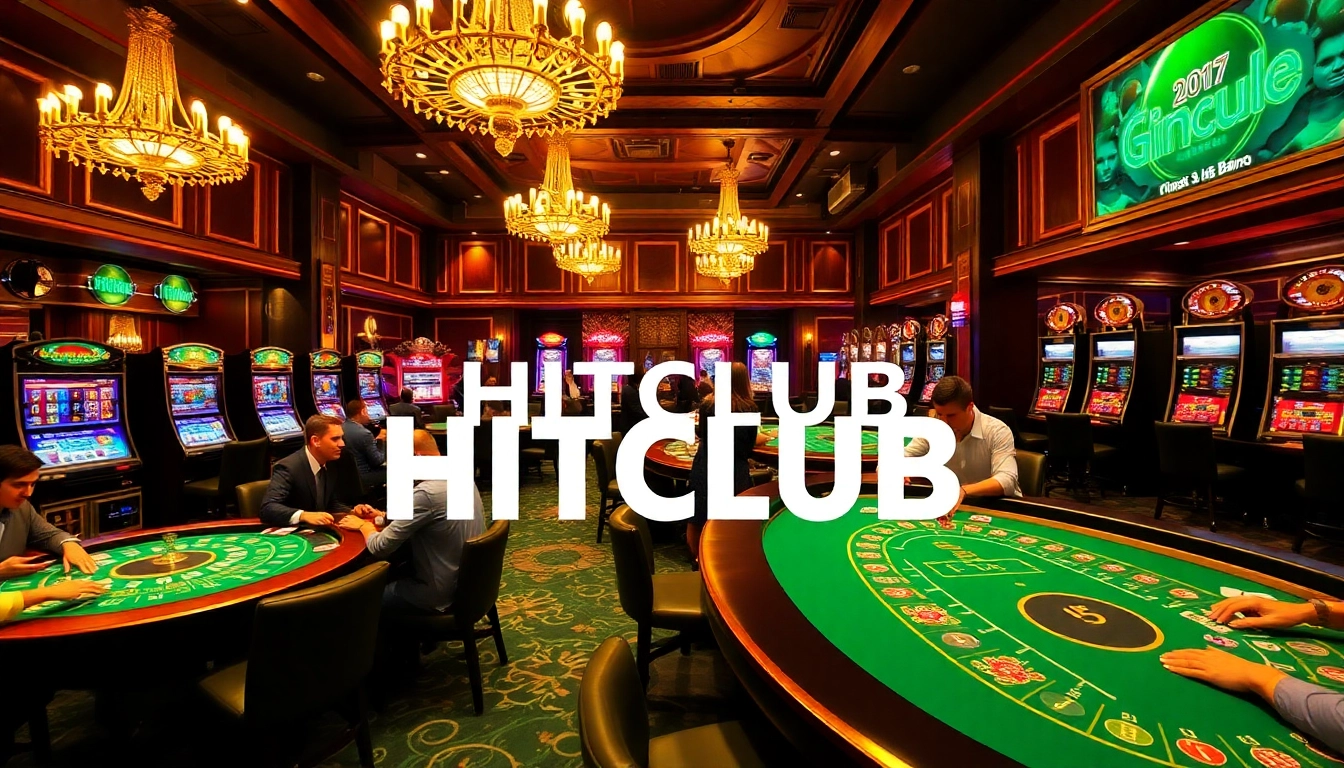 HITCLUB casino scene showcasing enthusiastic players at roulette and blackjack tables