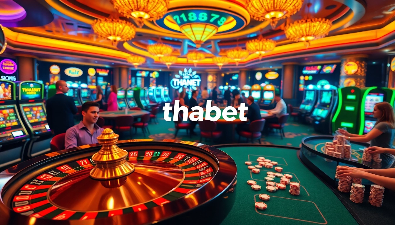 Players engage at a busy casino table while experiencing thabet gaming excitement.