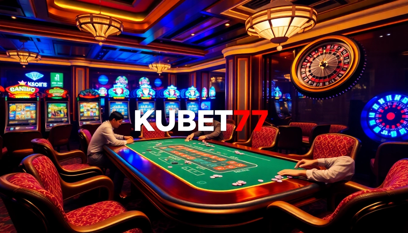 Players enjoying a high-stakes poker game at KUBET77's luxurious casino atmosphere.