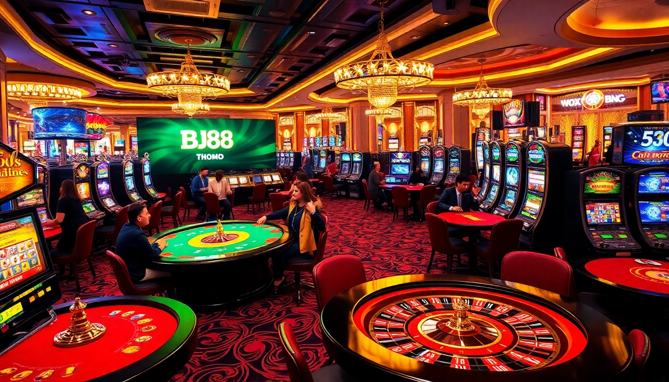 Engaging players experience excitement at BJ88 Thomo casino with vibrant gaming tables and thrilling atmosphere.