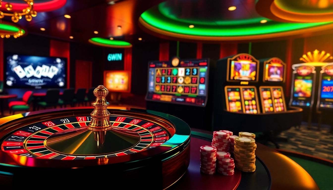 Experience thrilling gameplay at 6RWIN with vibrant casino visuals featuring roulette and poker chips.
