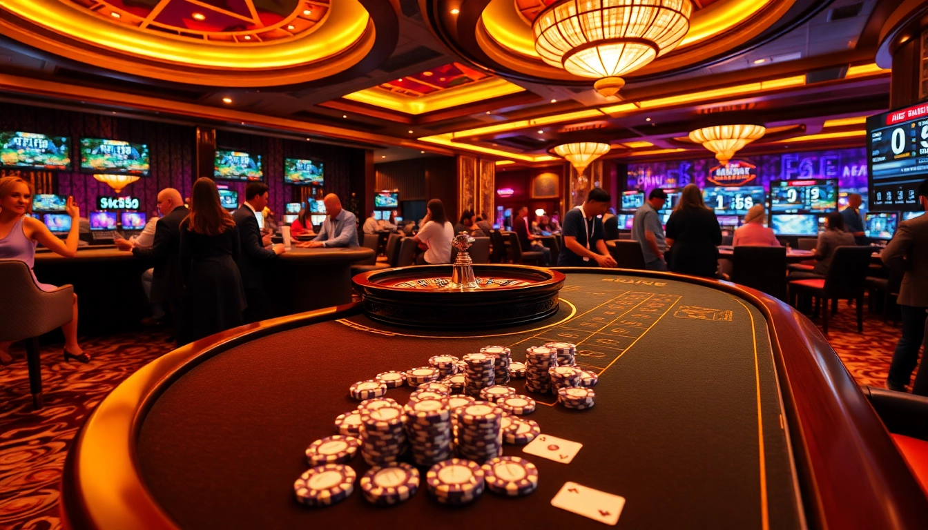 Gambling excitement in a KK55-themed casino with vibrant roulette wheel and poker chips.