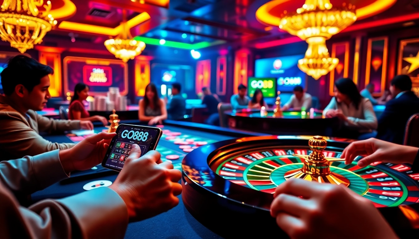 Tải GO88 and experience vibrant casino action with poker chips and roulette wheels.
