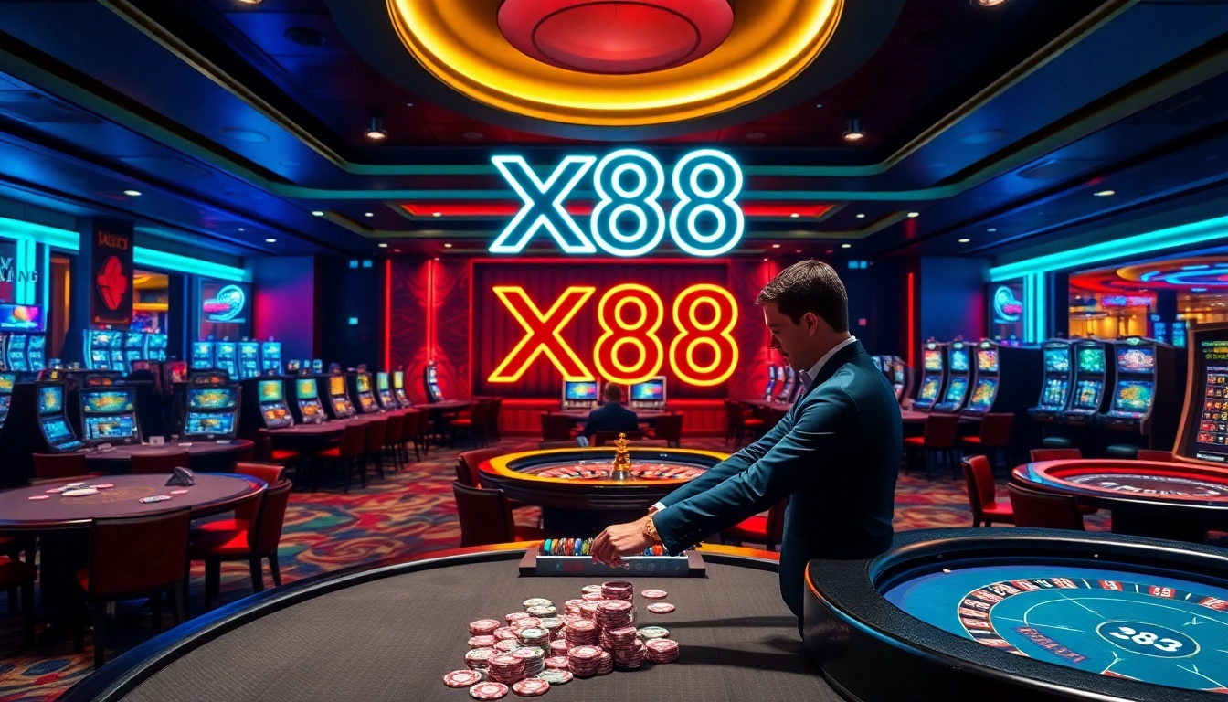 X88 casino scene with a dealer handling cards and vibrant slot machines, radiating excitement.