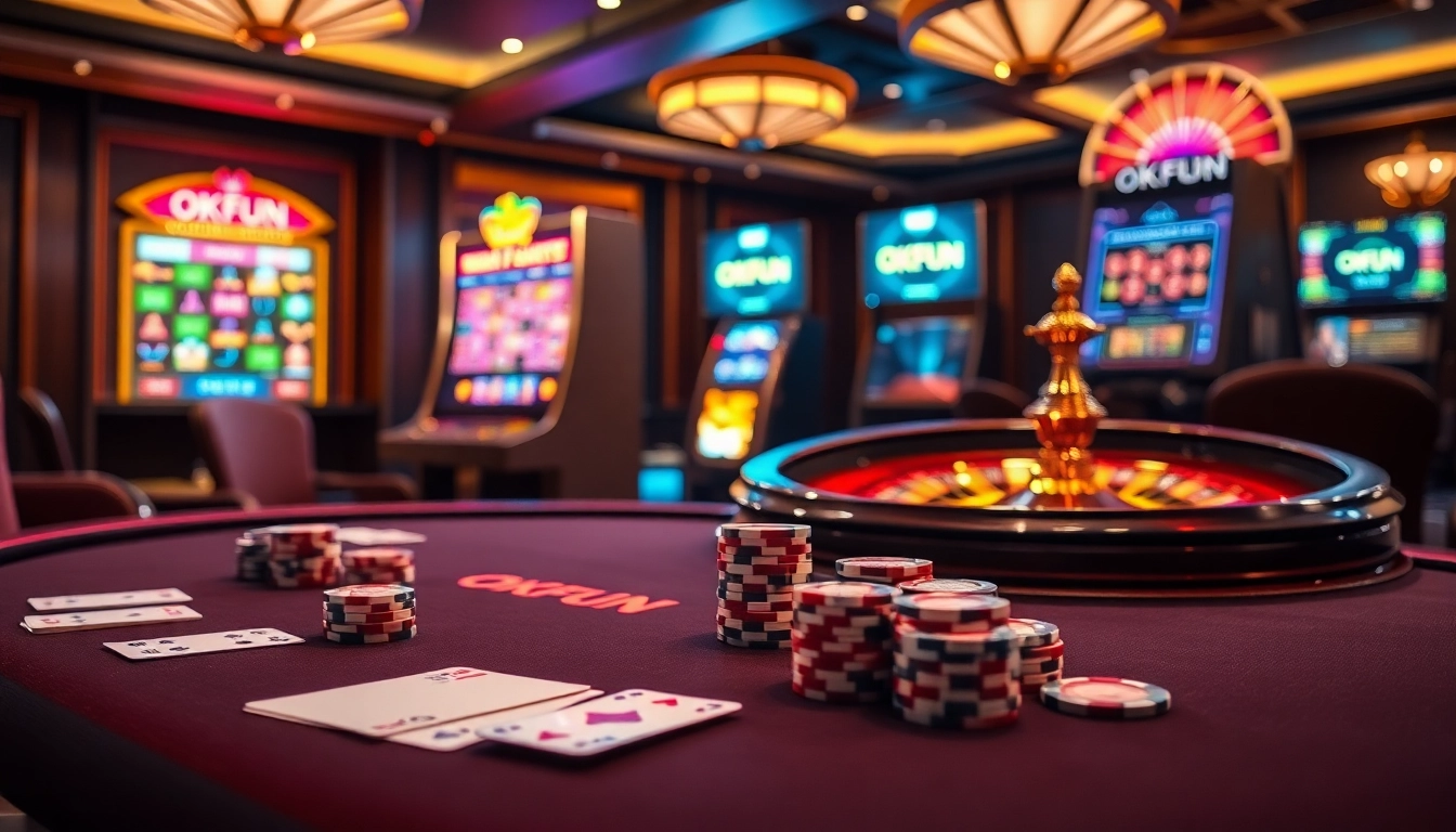 Experience excitement at OKFUN casino with vibrant poker chips and a glamorous roulette wheel.