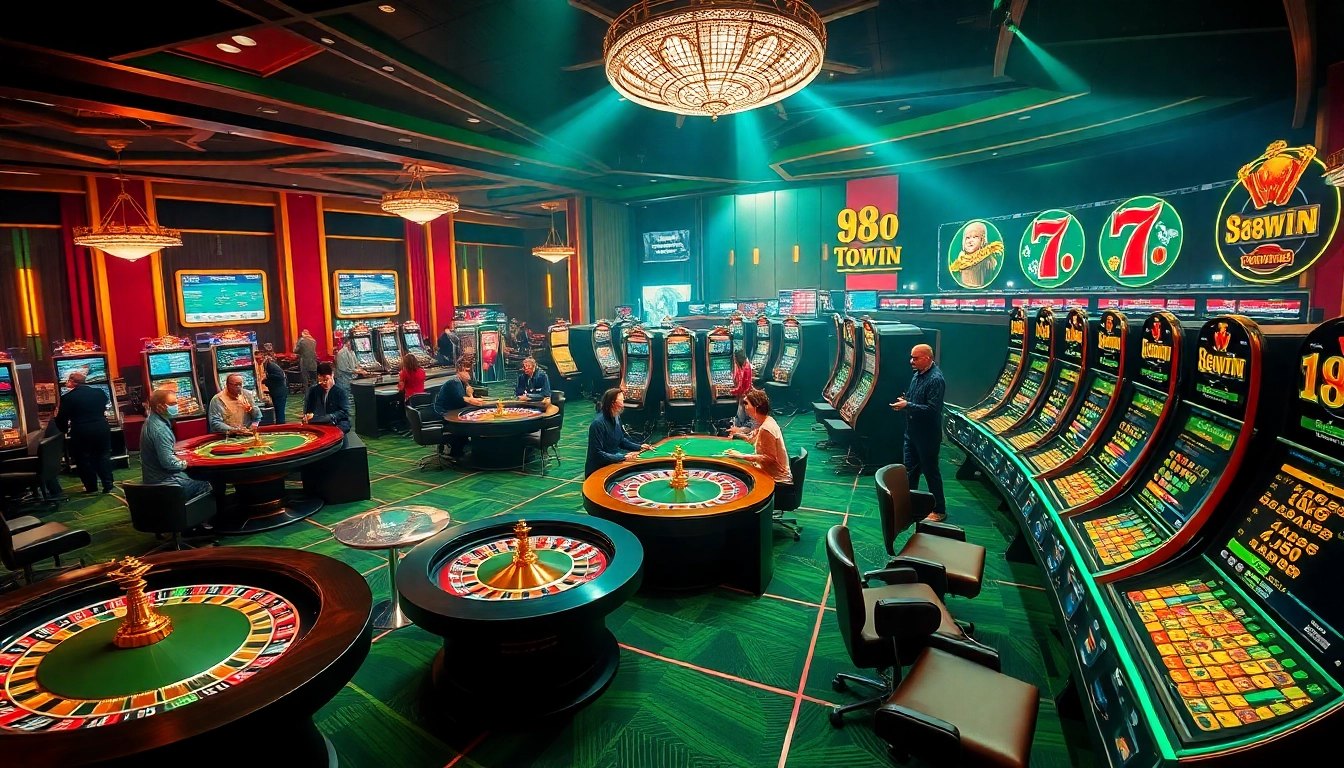 Experience the excitement of 98WIN with vibrant casino tables and engaging online gaming interfaces.