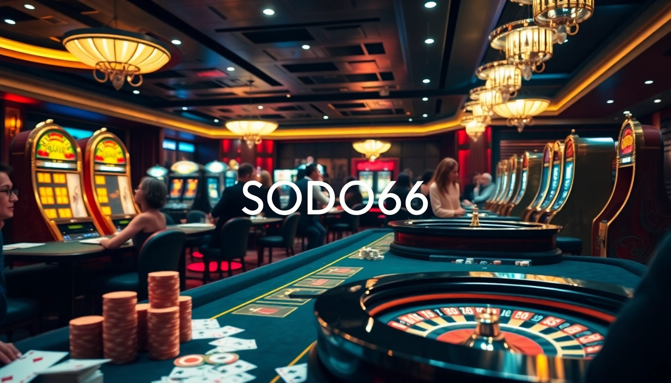 SODO66 casino scene with elegant tables, lively gamblers, and luxurious gaming elements showcased.
