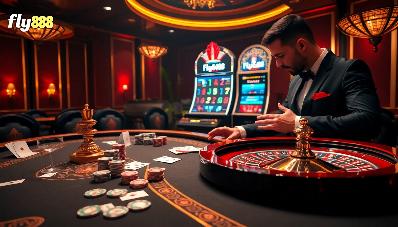 Fly88 casino experience featuring a luxurious poker table and engaging croupier in a vibrant setting.