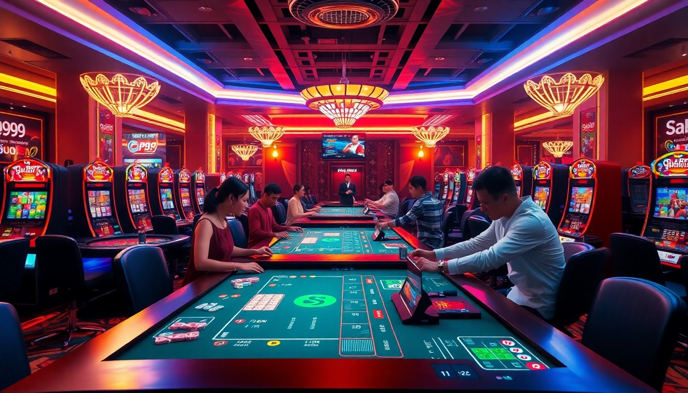 Players enjoying PS99 sports betting in a luxurious online casino with dynamic tables and vivid visuals.